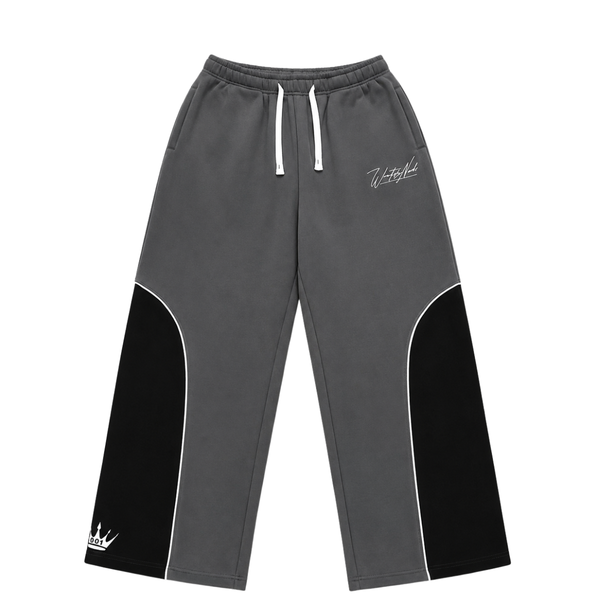 Gray sweatpants with black accents and a logo on a white background