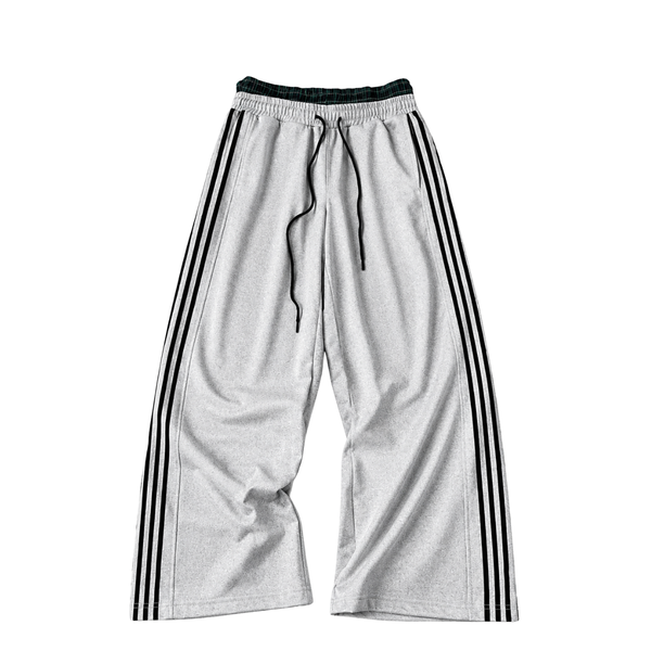 Gray sweatpants with black stripes on a white background